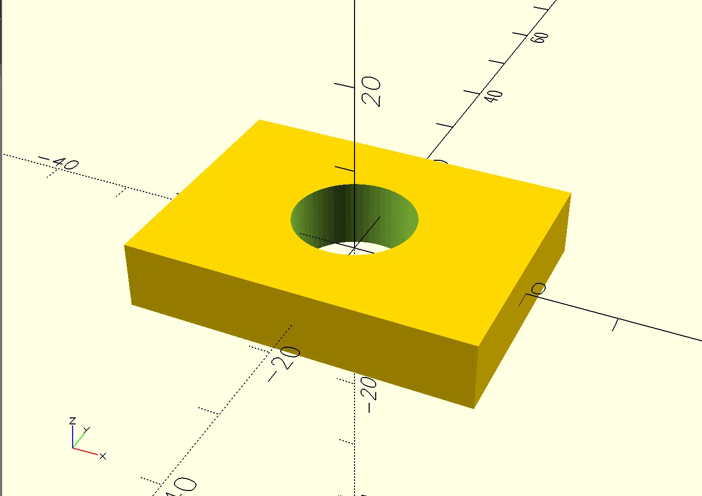 An OpenSCAD example in which a cylinder is cut out of a rectangular solid
